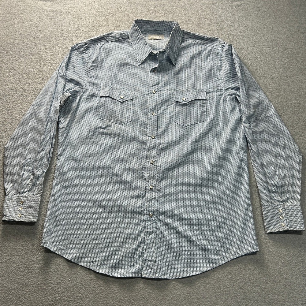 Wrangler Wrancher Western Shirt Mens Blue Geometric Long Sleeve Cowboy Ranch